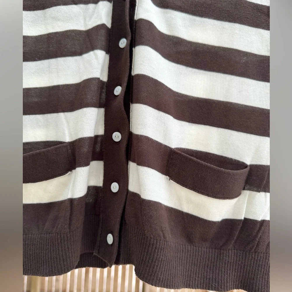 J. Crew Featherweight Chocolate Brown Ivory Cardigan Striped V Neck Cotton Large